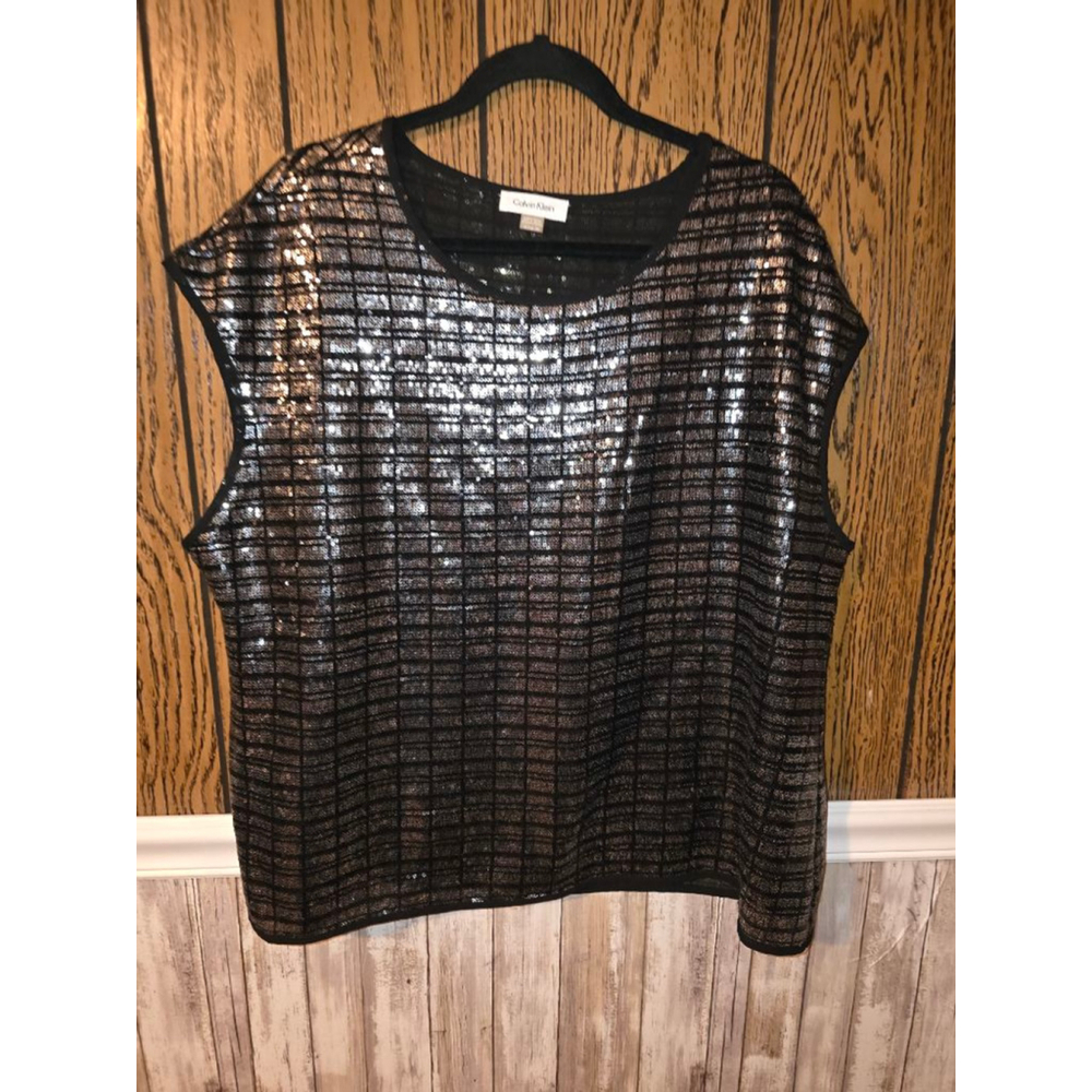 Women's Calvin Klein Plus 1X Black Silver Sequin Top NWOT - Picture 5 of 7